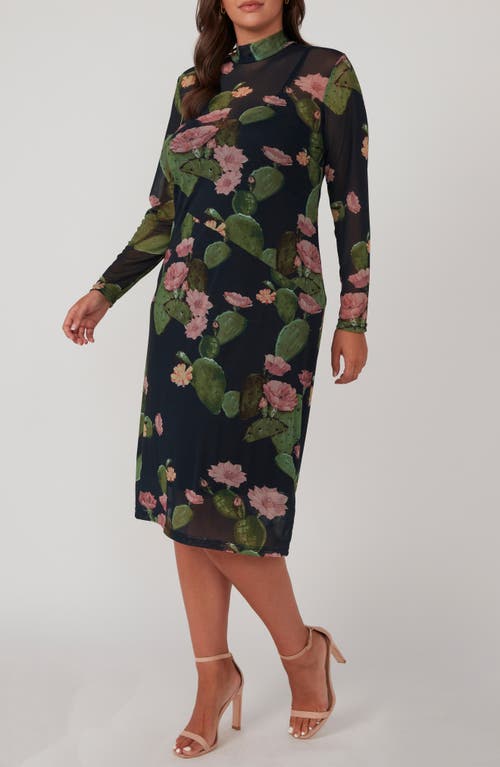Estelle Mezzanine Cactus Print Long Sleeve Mesh Midi Dress In Navy Floral Print