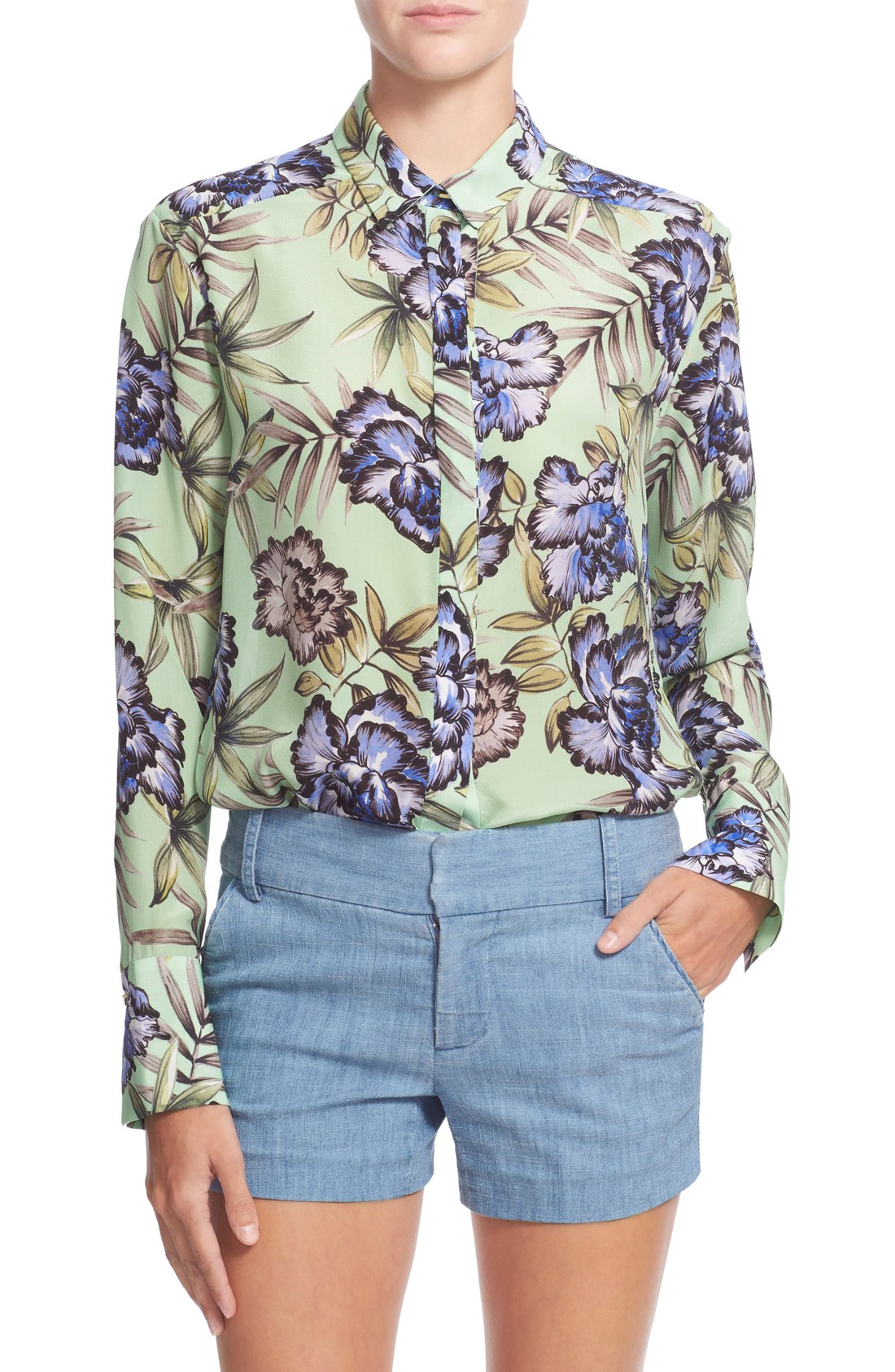 Alice + Olivia 'Aravi' Floral Print Button Down Silk Shirt | Nordstrom