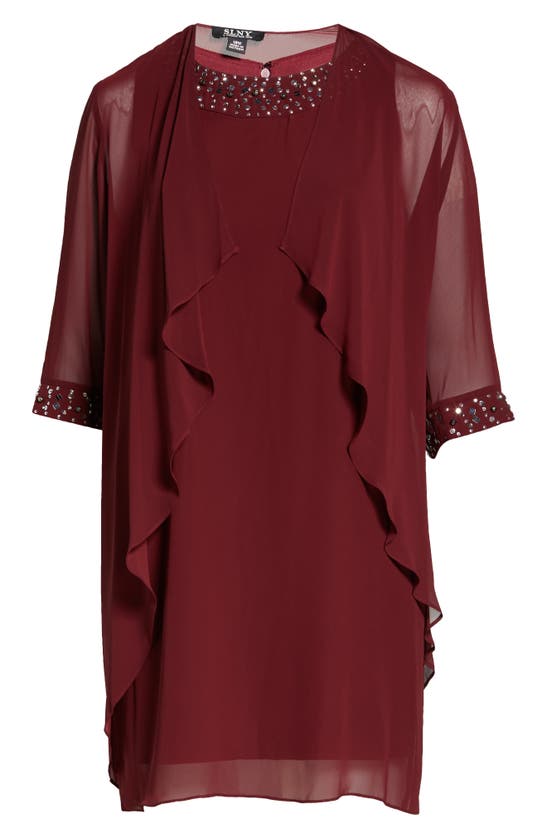 Slny Embellished Cascade Overlay Dress In Cranberry