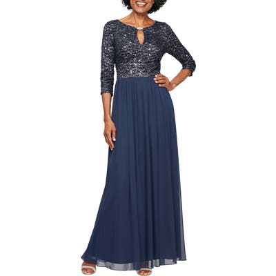 Petite Alex Evenings Embellished Keyhole Gown, Blue