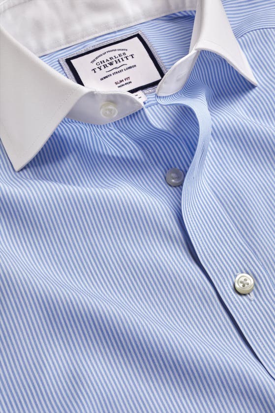 Shop Charles Tyrwhitt Winchester Bengal Stripe Non-iron Poplin Slim Fit Shirt Single Cuff In Sky Blue