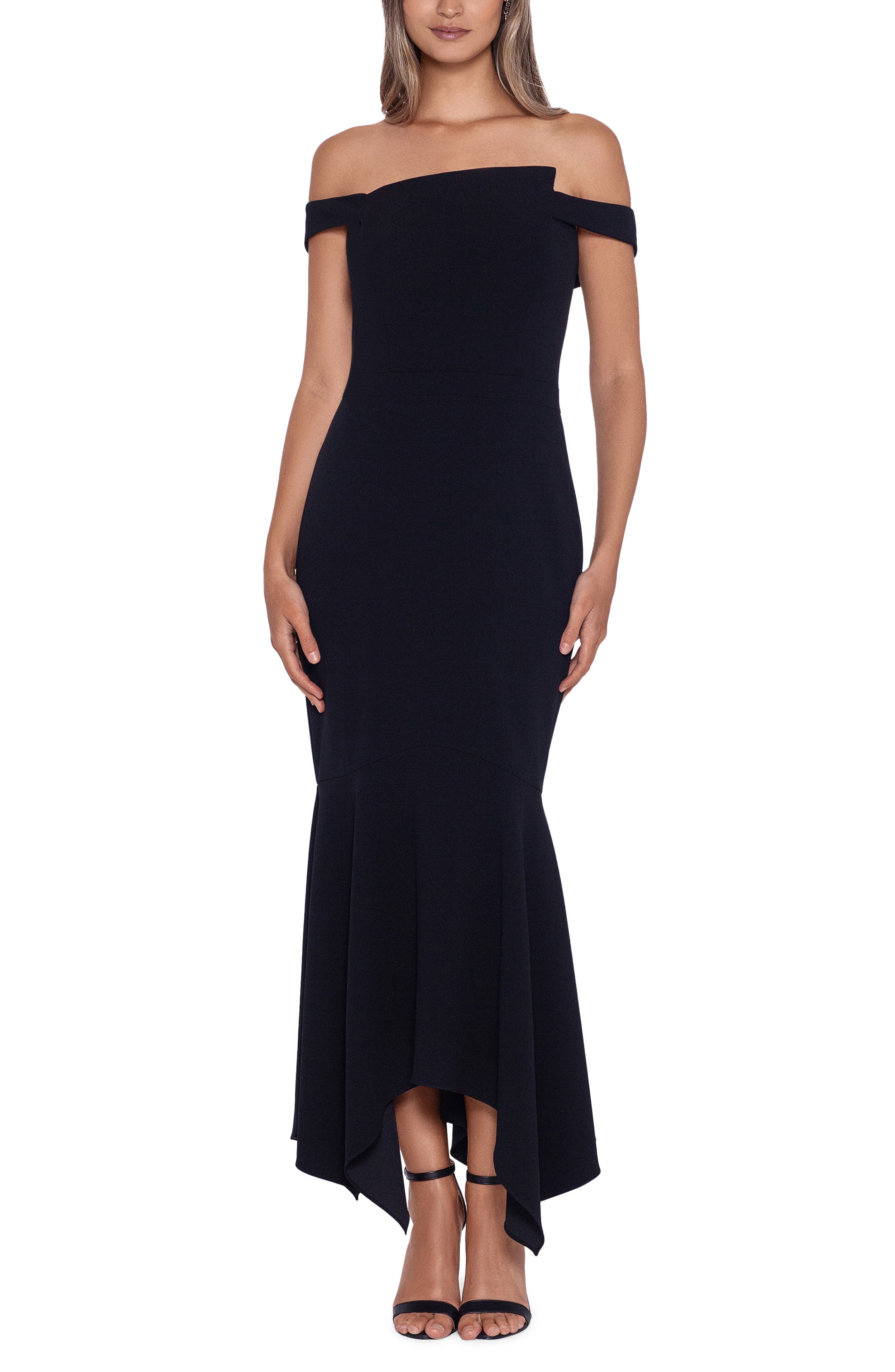 xscape off the shoulder high low dress