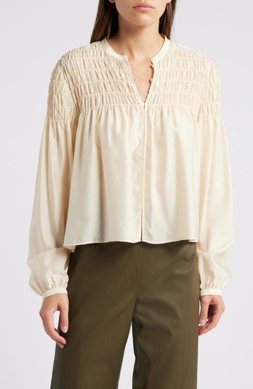 Shop Frame Smocked Silk Blend Top In Champagne