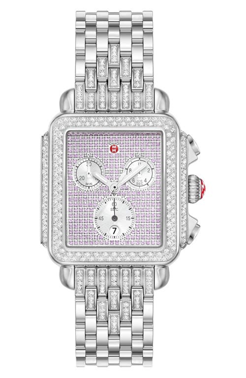 MICHELE Deco Diamond & Pink Sapphire Bracelet Chronograph Watch, 35mm in Silver at Nordstrom