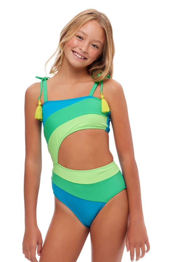 Shop Beach Lingo Kids' Colorblock Cutout One-piece Swimsuit In Blue Moonstone