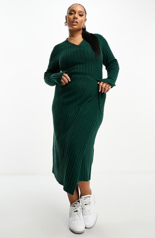 ASOS DESIGN Curve Long Sleeve Midi Wrap Sweater Dress in Dark Green at Nordstrom, Size 14W Us