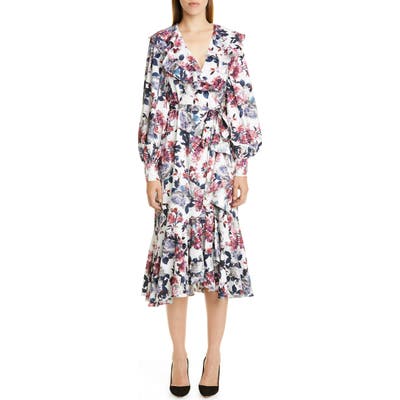 Erdem Rose Print Ruffle Long Sleeve Midi Dress, US / 10 UK - White