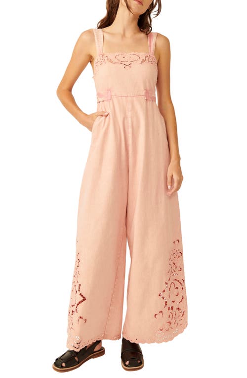 Free People Leighton Embroidery Detail Wide Leg Cotton Jumpsuit in Rosey Rose at Nordstrom, Size Small