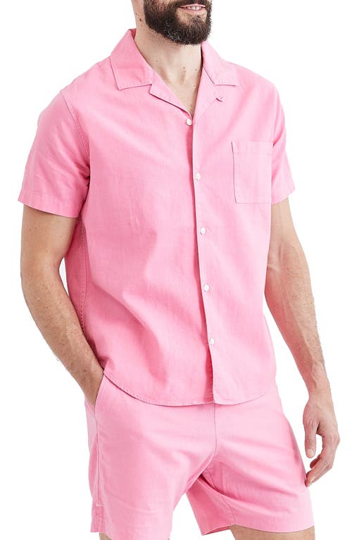 Goodlife Short Sleeve Linen & Cotton Button-Up Shirt in Neon Pink