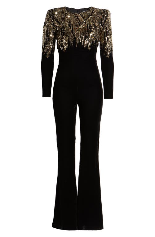 Nadine Merabi Katarina Sequin Long Sleeve Velvet Jumpsuit In Black