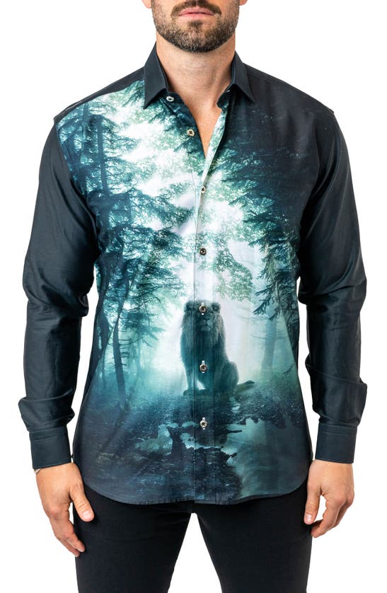 Maceoo Fibonacci Lionforest 17 Black Contemporary Fit Button-up Shirt In Black