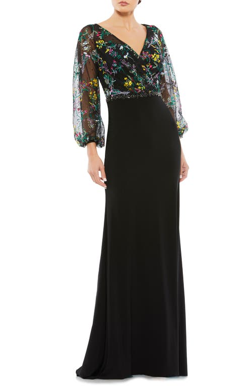 Shop Mac Duggal Embroidered Mesh Long Sleeve Column Gown In Black/multi