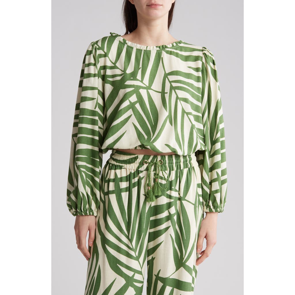 Gemma + Jane Palm Print Ruffle Long Sleeve Top In Green