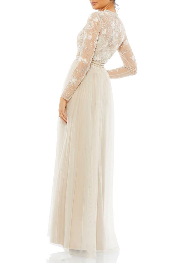 Shop Mac Duggal Beaded Floral Lace Long Sleeve A-line Gown In Vanilla