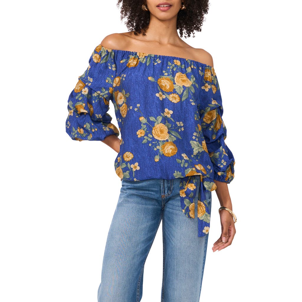 VINCE CAMUTO VINCE CAMUTO FLORAL OFF THE SHOULDER BUBBLE SLEEVE TOP