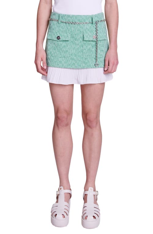 Maje Jinny Chain Belt Tweed Miniskirt In Green