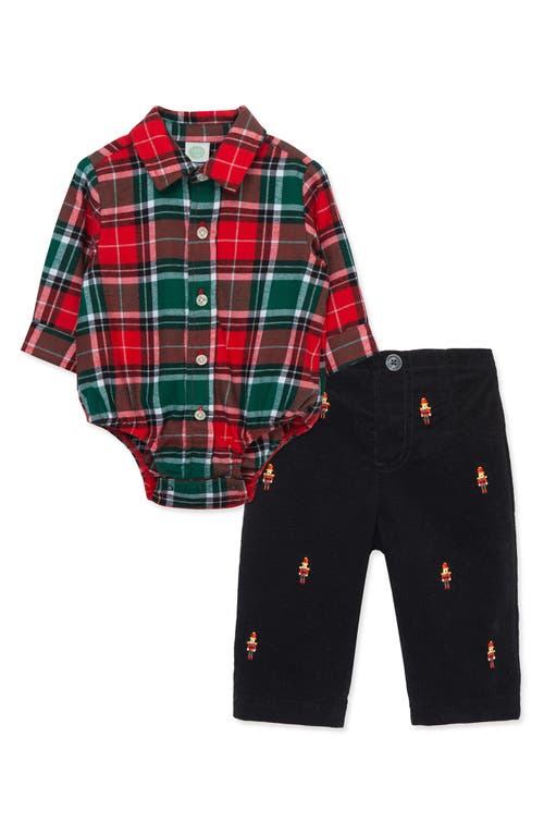 Little Me Babies'  Merry Plaid Button-up Bodysuit & Embroidered Corduroy Pants Set In Black