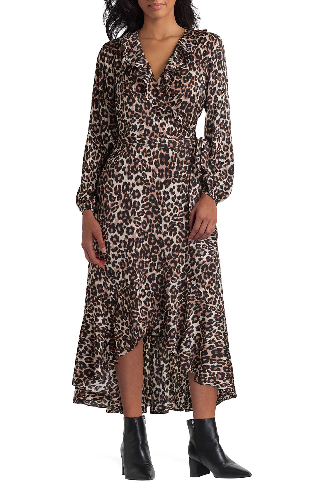 Gigi Parker Long Sleeve Ruffled High/low Wrap Dress In Tan Leopard ...