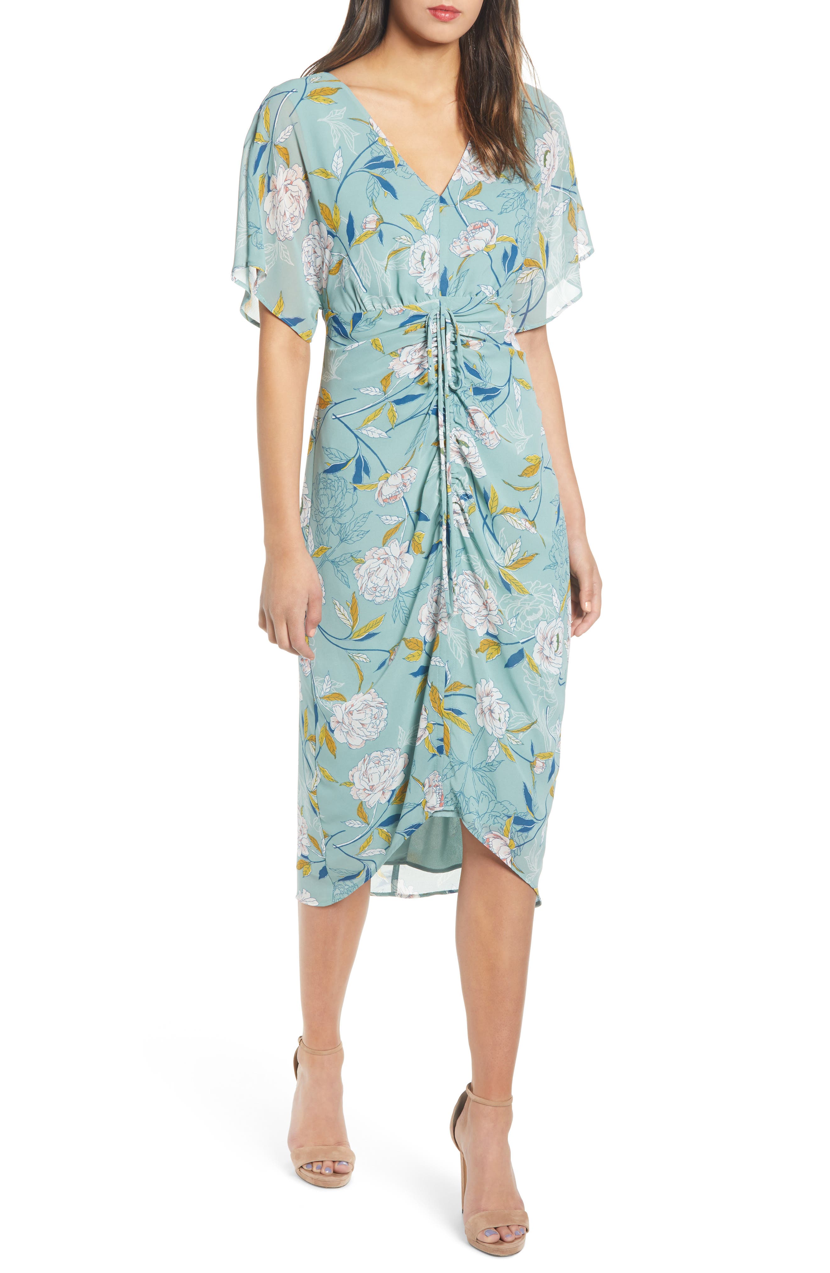 Leith Floral Ruched Midi Dress, Blue/green
