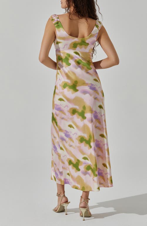 Shop Astr The Label Printed Satin Midi Dress In Pink Green Abstract