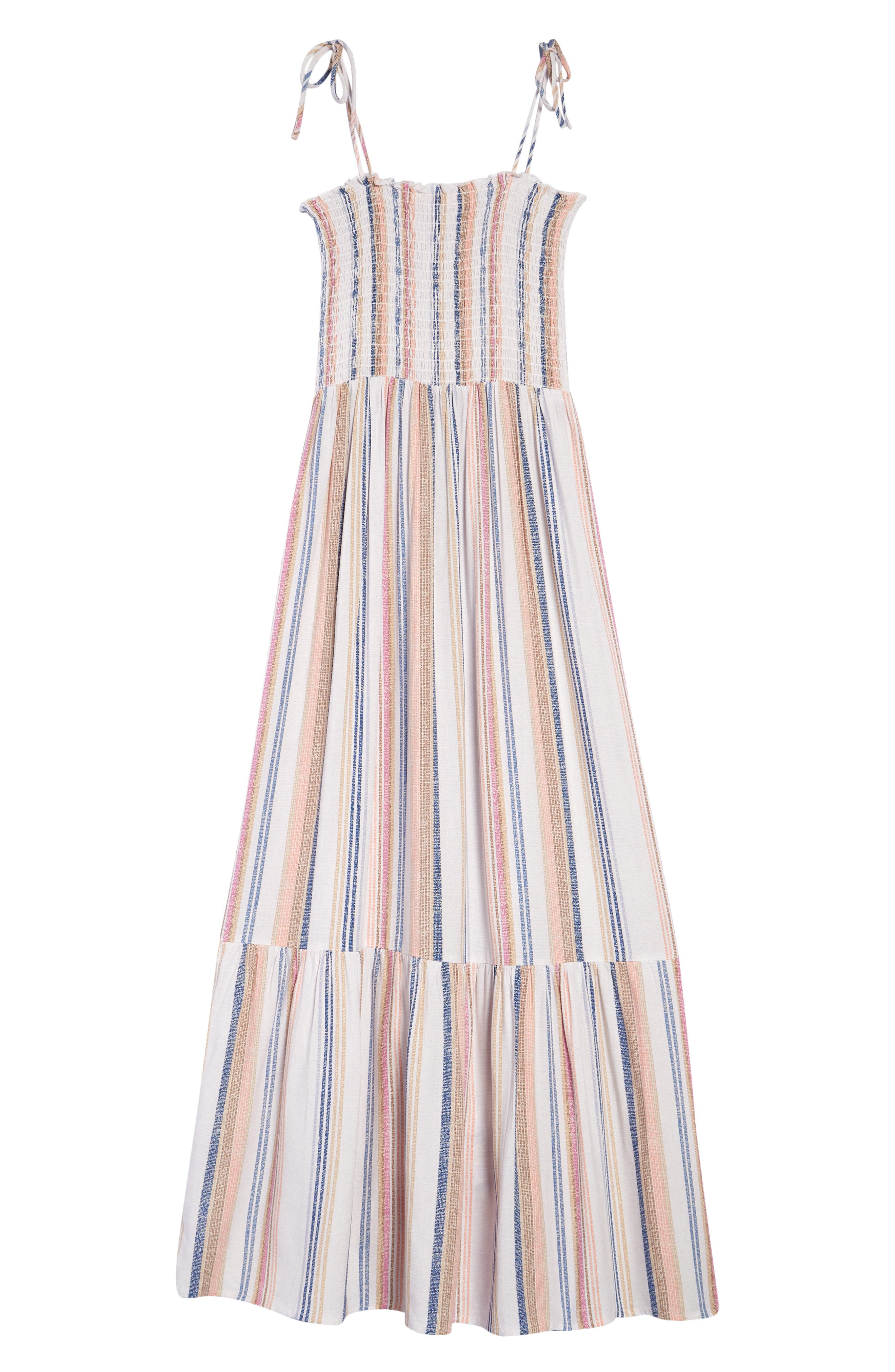 WALKING ON SUNSHINE Kids' Smocked Tiered Maxi Dress, Main, color, NAVY PINK TAUPE