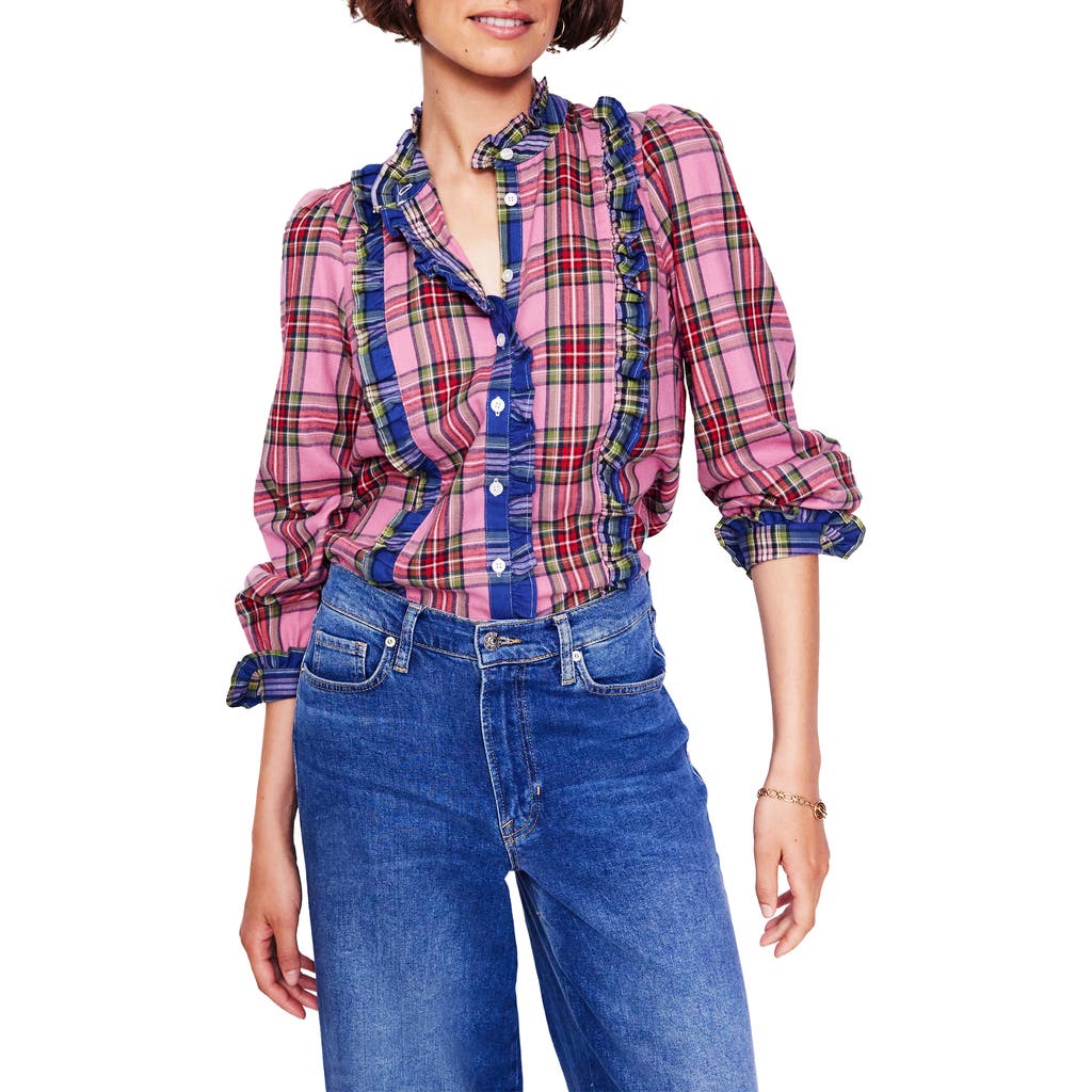 Boden Isla Frill Detail Mixed Plaid Cotton Flannel Button-Up Shirt in Pink Hotchpotch Check