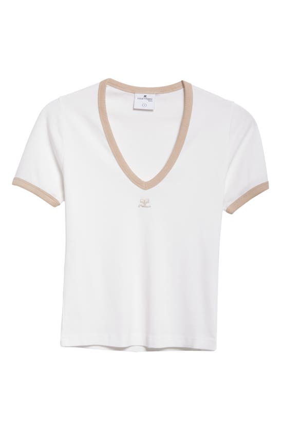 Shop Courrèges V-neck Cotton Jersey Ringer T-shirt In White Heritage/ Sand