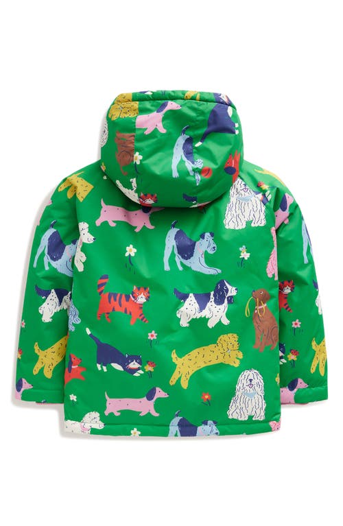 Shop Mini Boden Kids' Pets Print Zip-up Hooded Puffer Jacket In Green Park Play