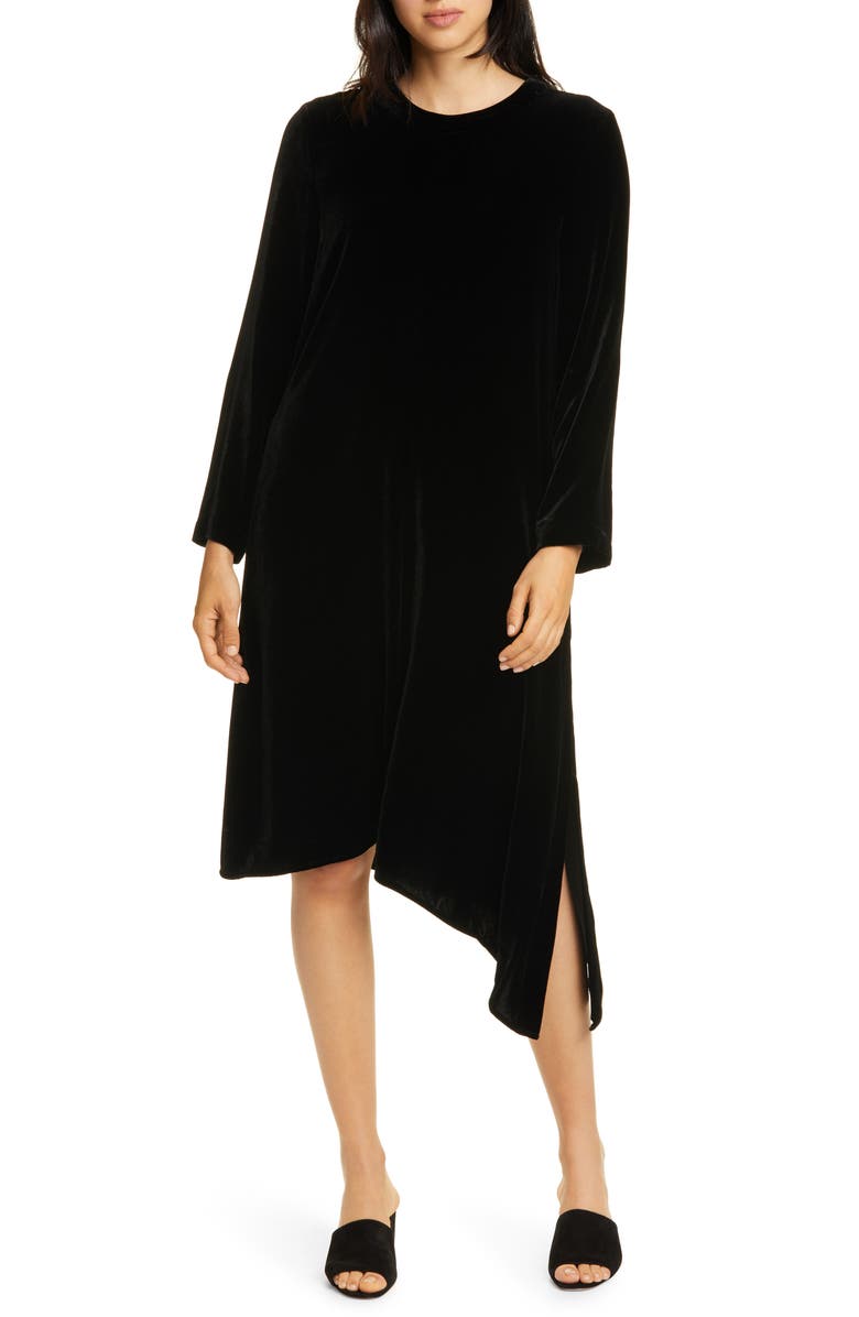 Eileen Fisher Asymmetrical Hem Velvet Long Sleeve T-Shirt Dress | Nordstrom