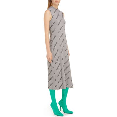 Balenciaga Logo Print Rib Knit Wrap Dress, Metallic