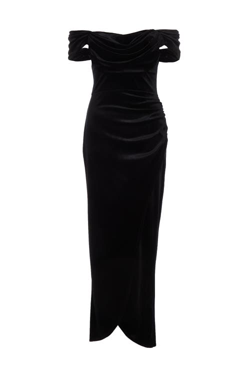 Shop Quiz Velvet Cowl Bardot Maxi Dress In Black