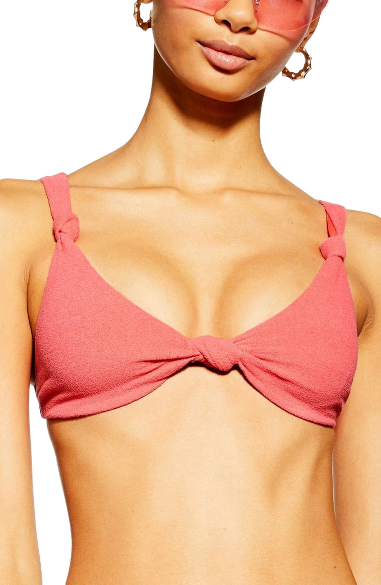 Topshop Velour Knot Triangle Bikini Top, US (fits like 0) - Coral
