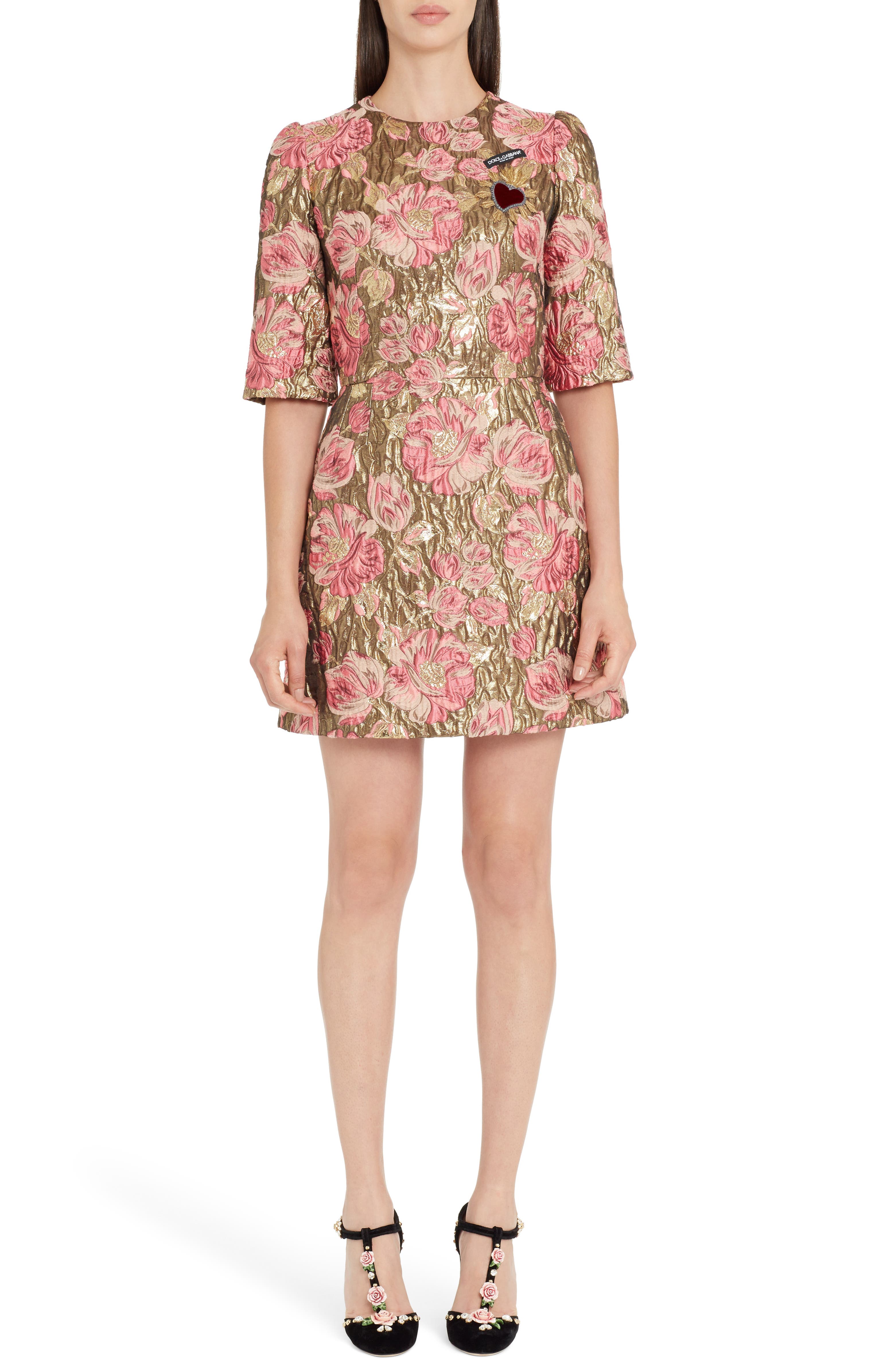 Dolce&Gabbana Heart Patch Metallic Floral Jacquard Dress | Nordstrom