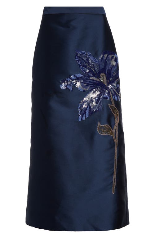 Shop Erdem Embellished Floral Appliqué Mikado Pencil Skirt In Navy