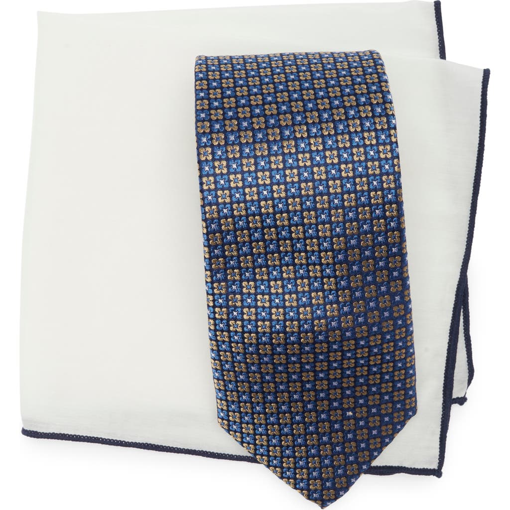 Shop Hickey Freeman Neat Silk Tie And Pocket Sqare Gift Set In Navy/yellow