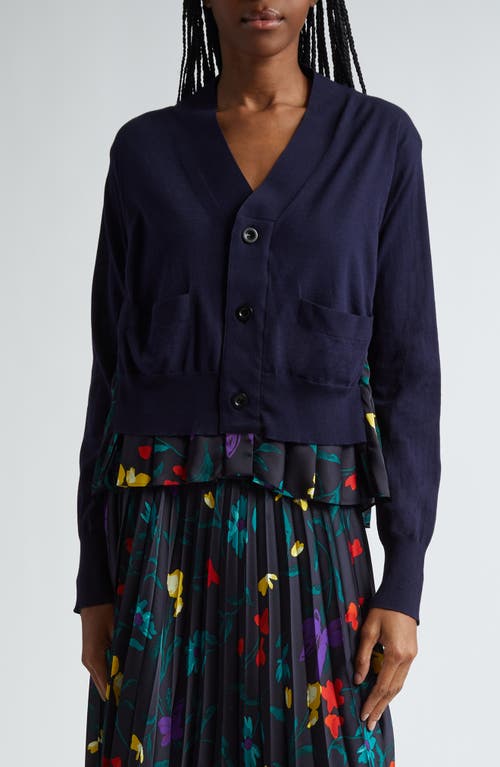 Sacai Floral Print Pleated Back Mixed Media Cardigan in Navy at Nordstrom, Size 2