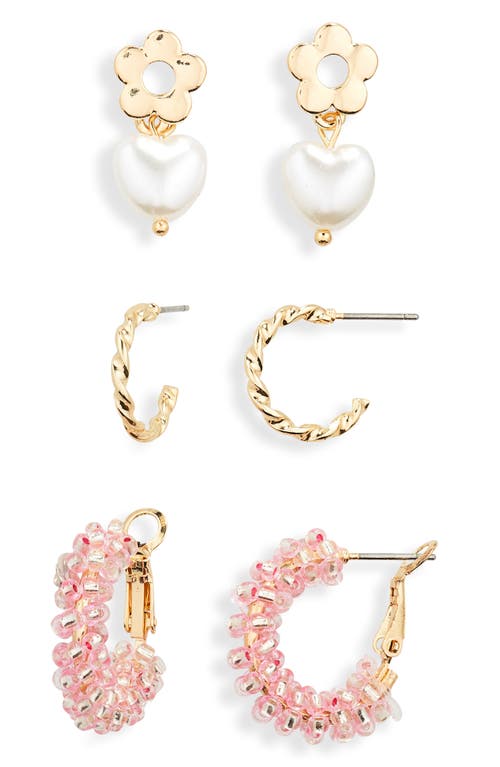 Assorted 3-Pack Imitation Pearl & Hoop Earring Pairs in Gold- White- Pink