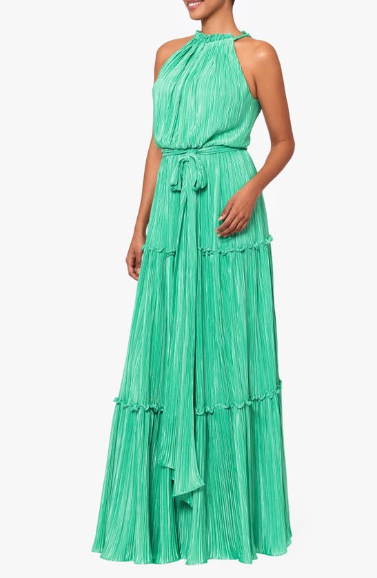 Shop Betsy & Adam Plissé Tie Waist Tiered Gown In Green