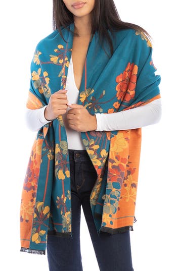 Saachi Floral Reversible Scarf In Blue/orange/yellow