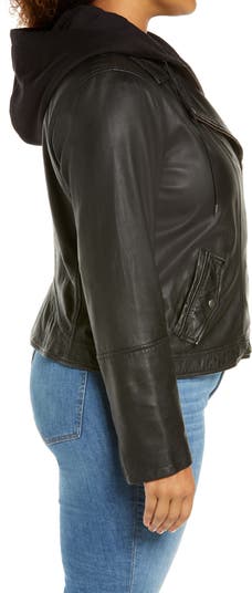 Leather Moto Jacket with Removable Hood
