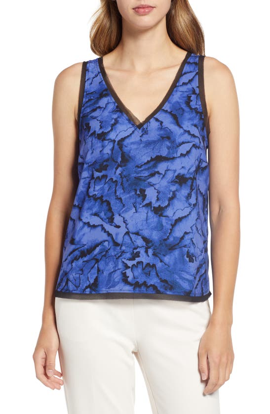 Halogen Raw Edge Tank In Blue Petal Abstract Print