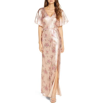 Marchesa Notte V-Neck Print Sequin Bridesmaid Gown, Pink