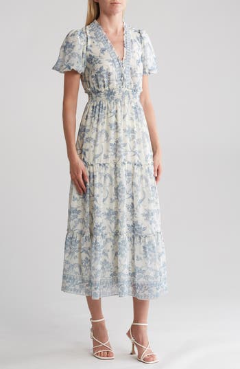 Max Studio Georgette Smocked Maxi Dress In Cream/blue Floral