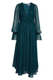 AMUR Heidi Metallic Stripe Long Sleeve Silk Blend Dress | Nordstrom