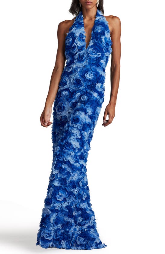 Shop Tadashi Shoji 3-d Floral Halter Neck Gown In Mystic Blue