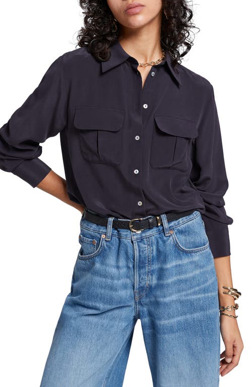 & Other Stories Patch Pocket Silk Button-Up Blouse in Navy