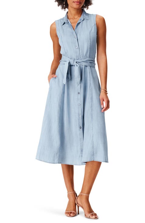 Drapey Belted Sleeveless Denim Shirtdress