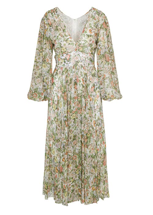 Rebecca Taylor Floral All Over On Viscose Chiffon Blouson Sleeve Midi Dress In Floral Multi