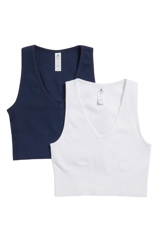 90 Degree By Reflex Seamless V-neck Rib Crop Tank In Peacoat/ White