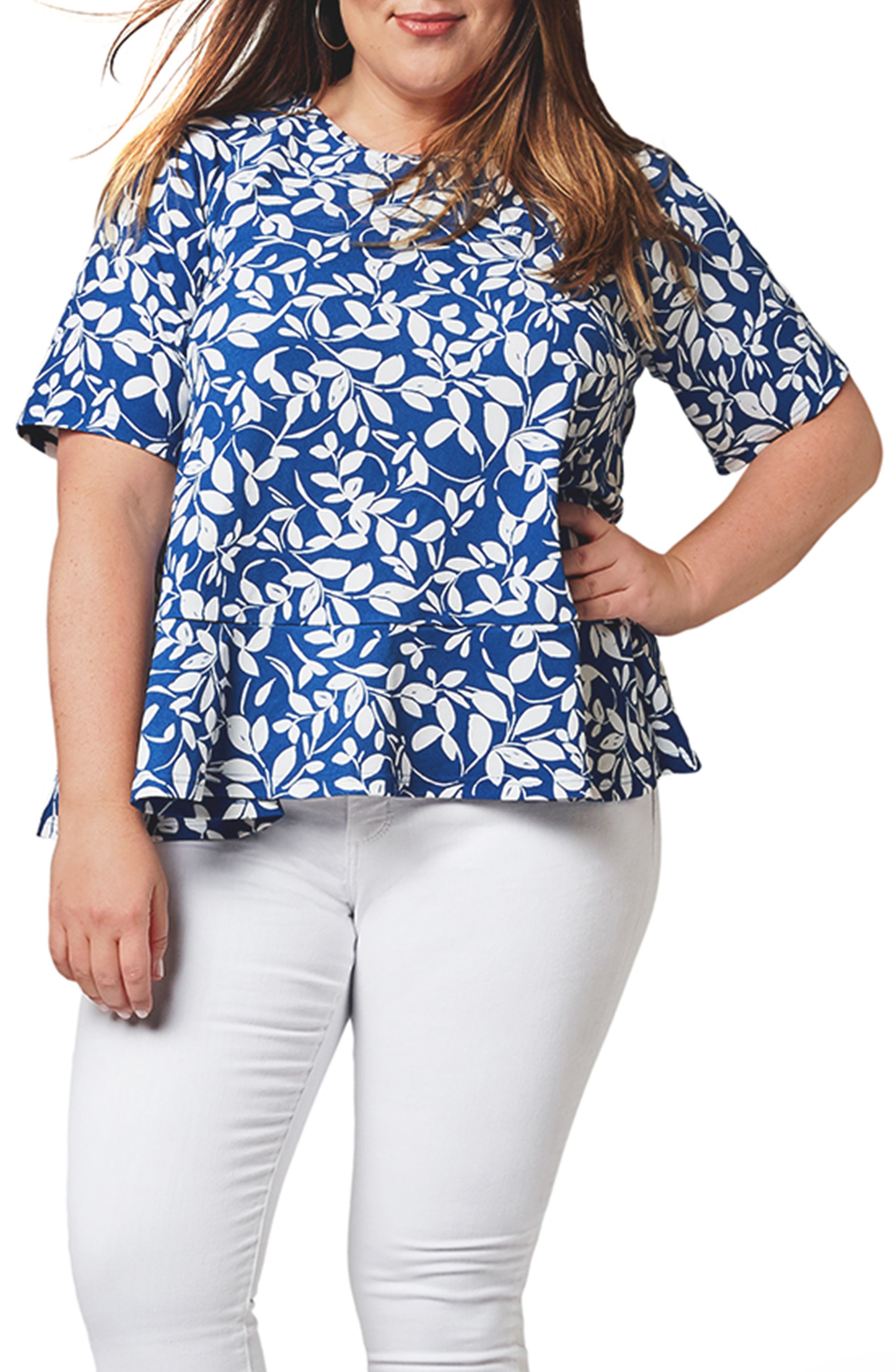 Leota Macie Floral Stretch Crepe Peplum Top in Two Tone Floral Set Sail at Nordstrom
